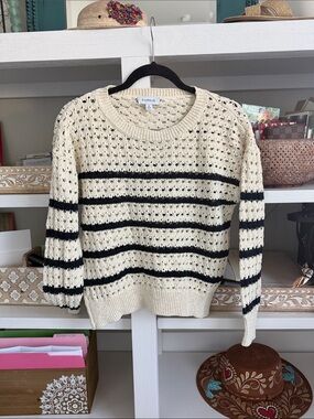 Evereve Cream Open-Knit Sweater with Black Stripes size Medium. Like new!